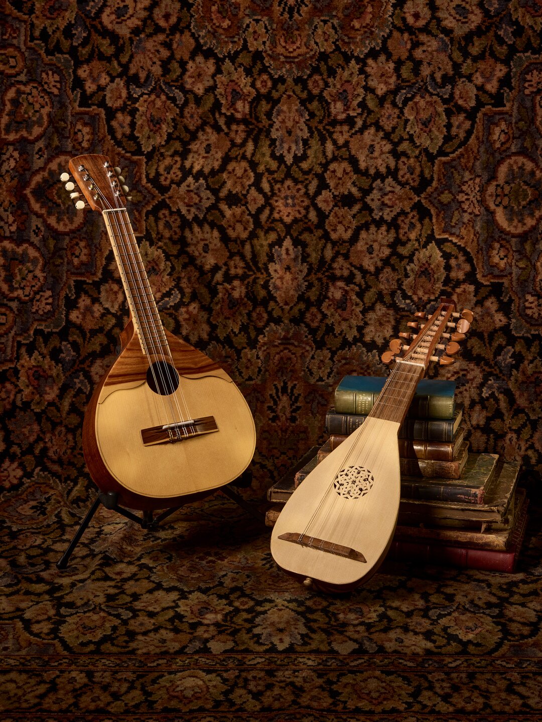 Two baroque, nylon stringed mandolins