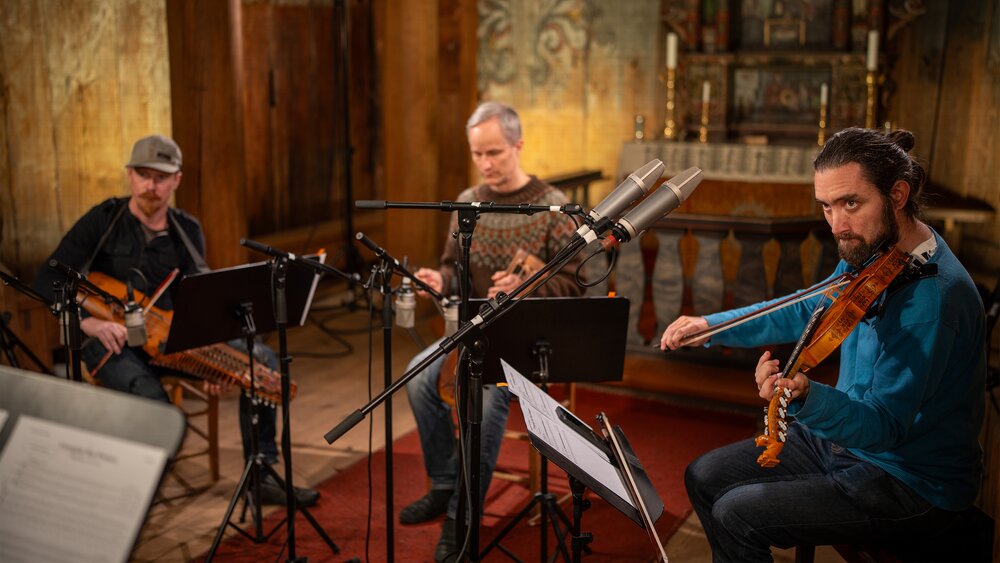 A musical trio performing nyckelharpa, tagelharpa, and Hardanger fiddle