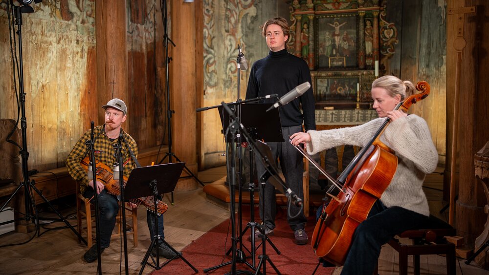 Recording session for an ensemble consisting of nyckelharpa, a male throat singer, and a cello