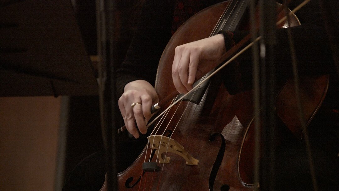 A close-up of a cello being played
