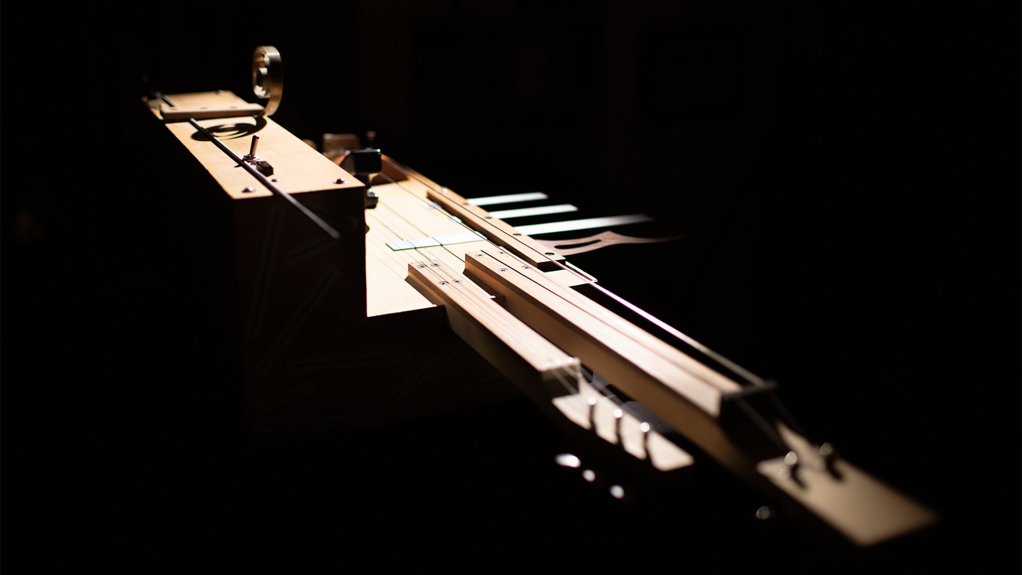 A high-contrast image of a strange musical instrument