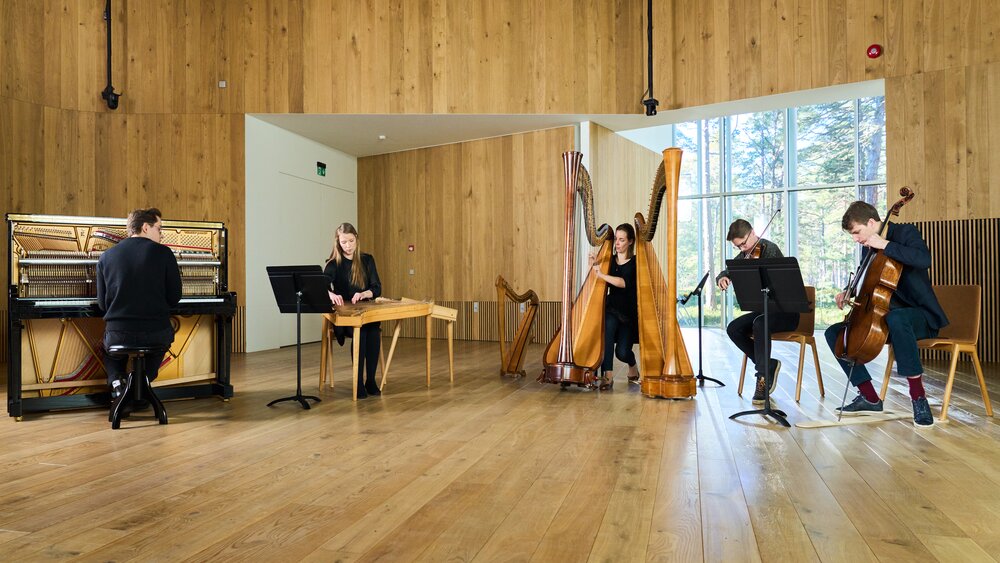 Piano, kannel, harp, violin, and cello performing at the Arvo Pärt Centre in Estonia. Photo by Kaupo Kikkas. 