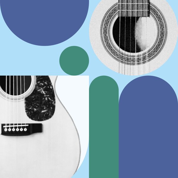 Acoustic guitar among blue and green shapes