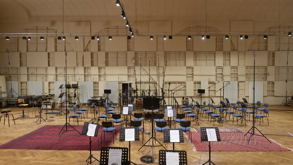 Chairs set up to record an orchestra in Teldex