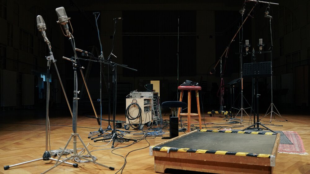 Microphones set up for a recording session