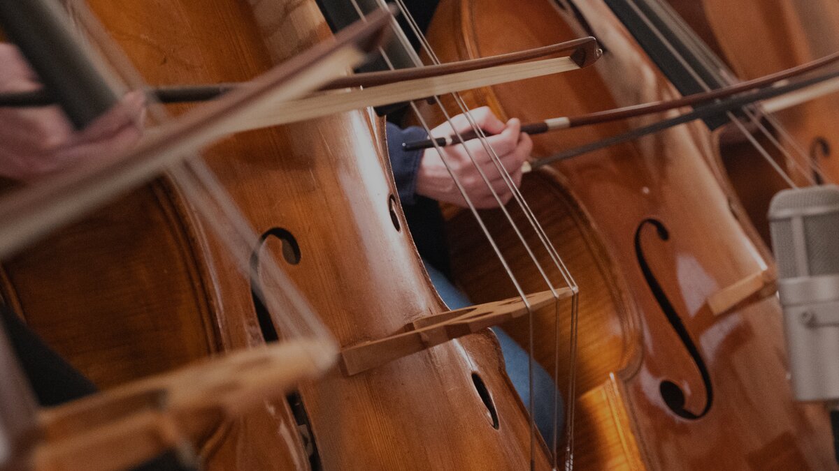 A row of people playing bass