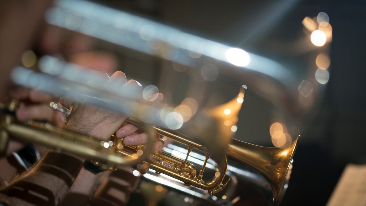 Close-up of trumpets during a recording session