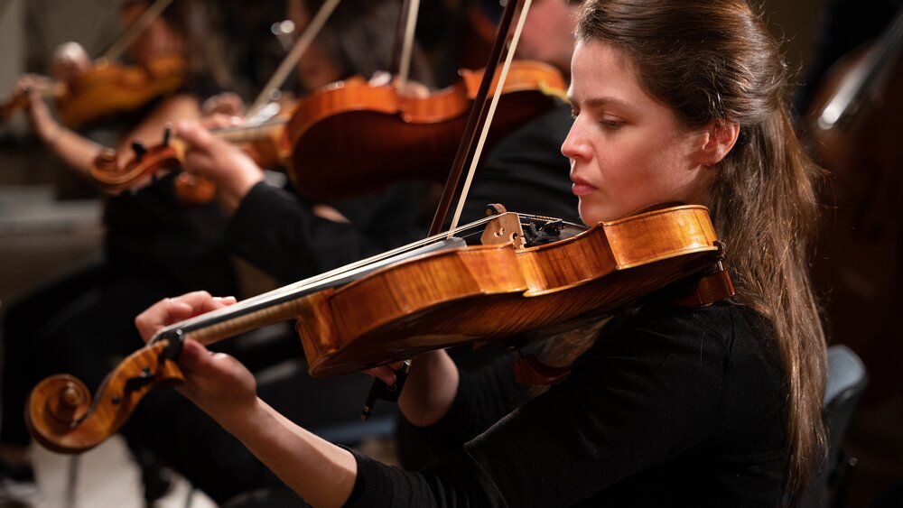 Close-up of a player recording con sordino strings