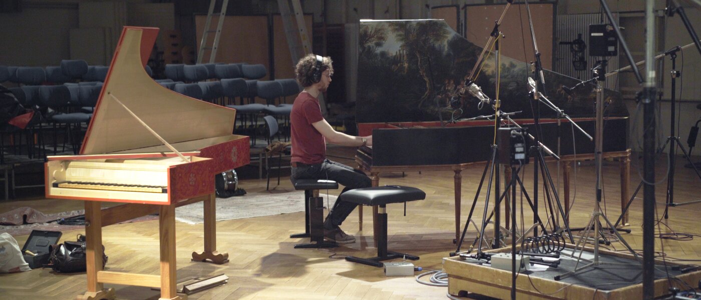 A man recording two harpsichords in Teldex for a sample library