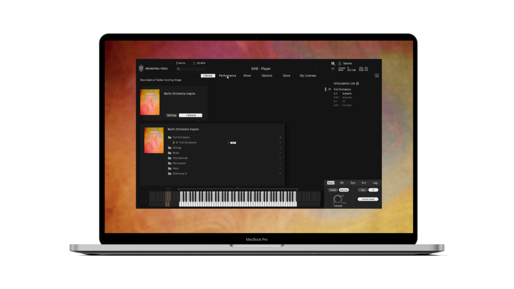 A computer running Orchestral Tools SINEplayer
