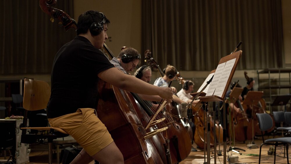 Double bass players recording the Berlin Symphonic Strings sample library. Photo by Robin Lambrecht.
