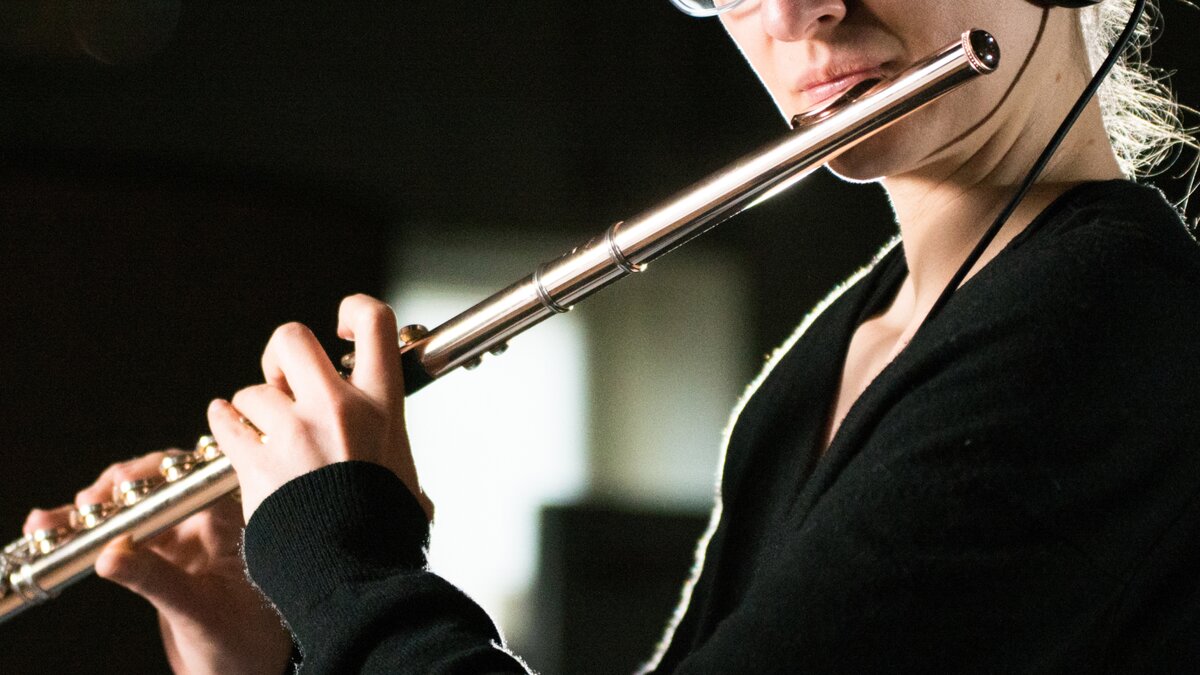 Recording a first chair flute sample library. Photo by Robin Lambrecht.