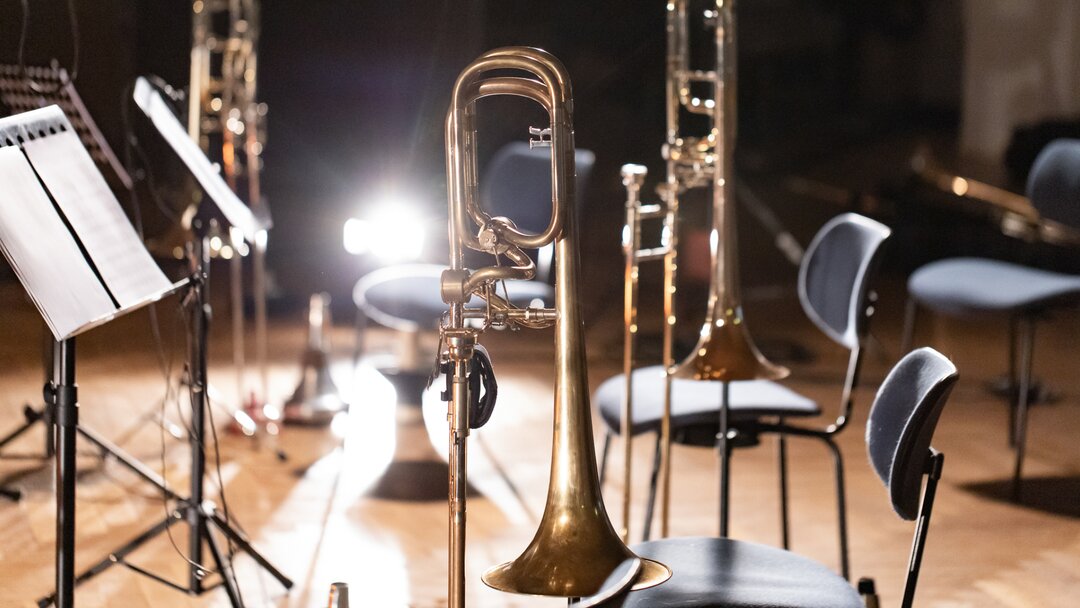 Brass instruments on stands. Photo by Beto Ruiz Alonso.