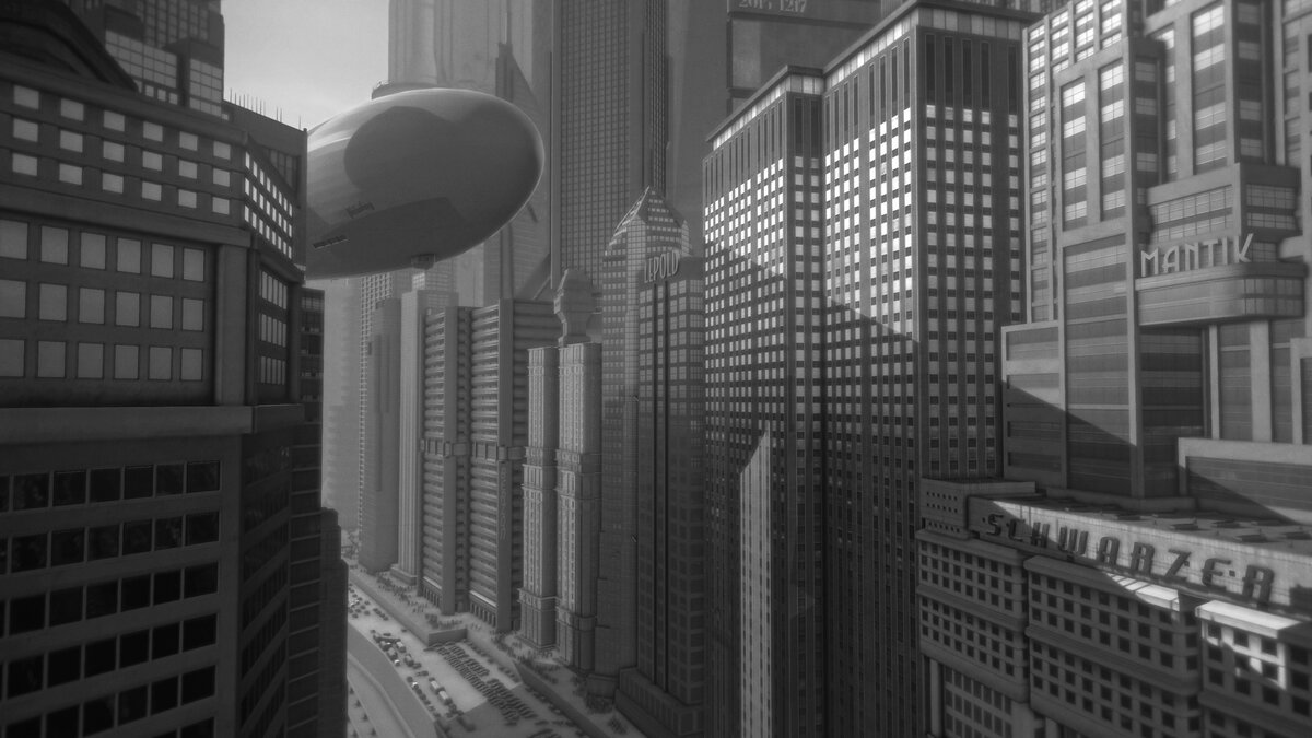 A dirigible floating through a dense Metropolis