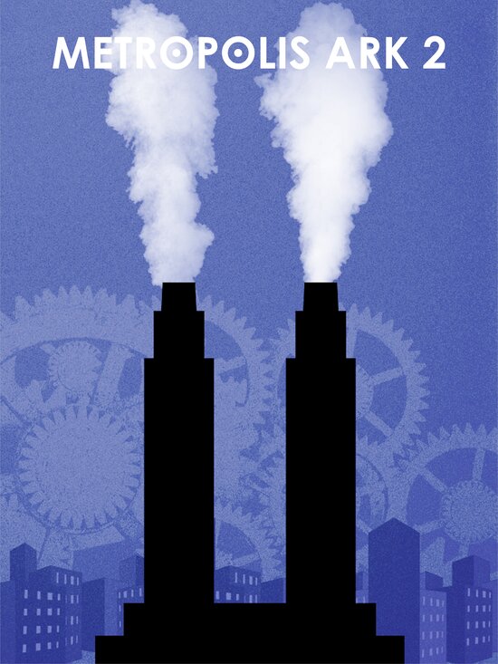 Metropolis Ark 2 with factory smokestacks in the shape of a Roman numeral 2