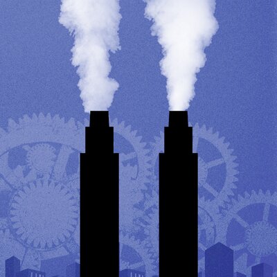 Metropolis Ark 2 art: Two smokestacks in front of a series of gears