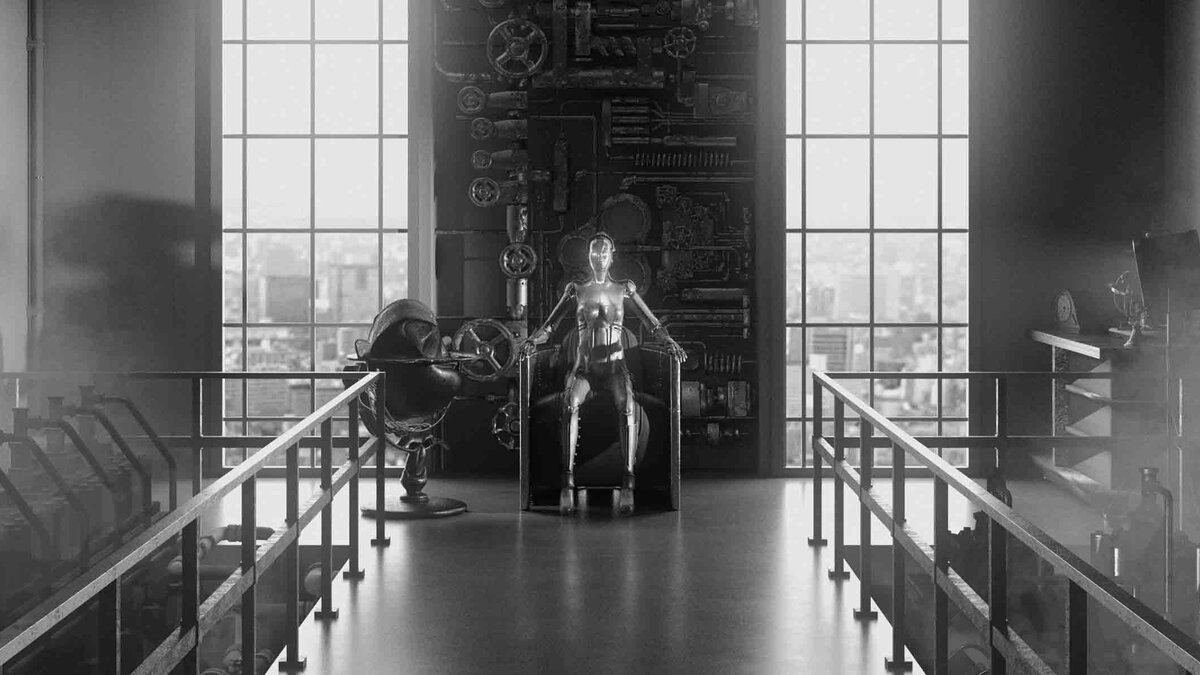 Droid-like robot in a retro-futurist city