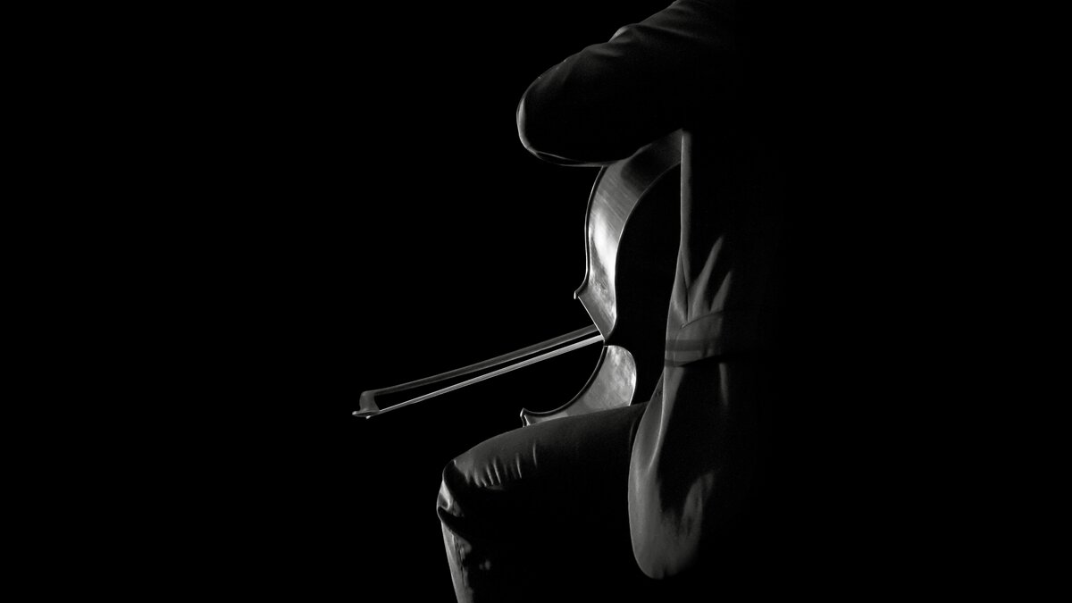 Black and white cello player