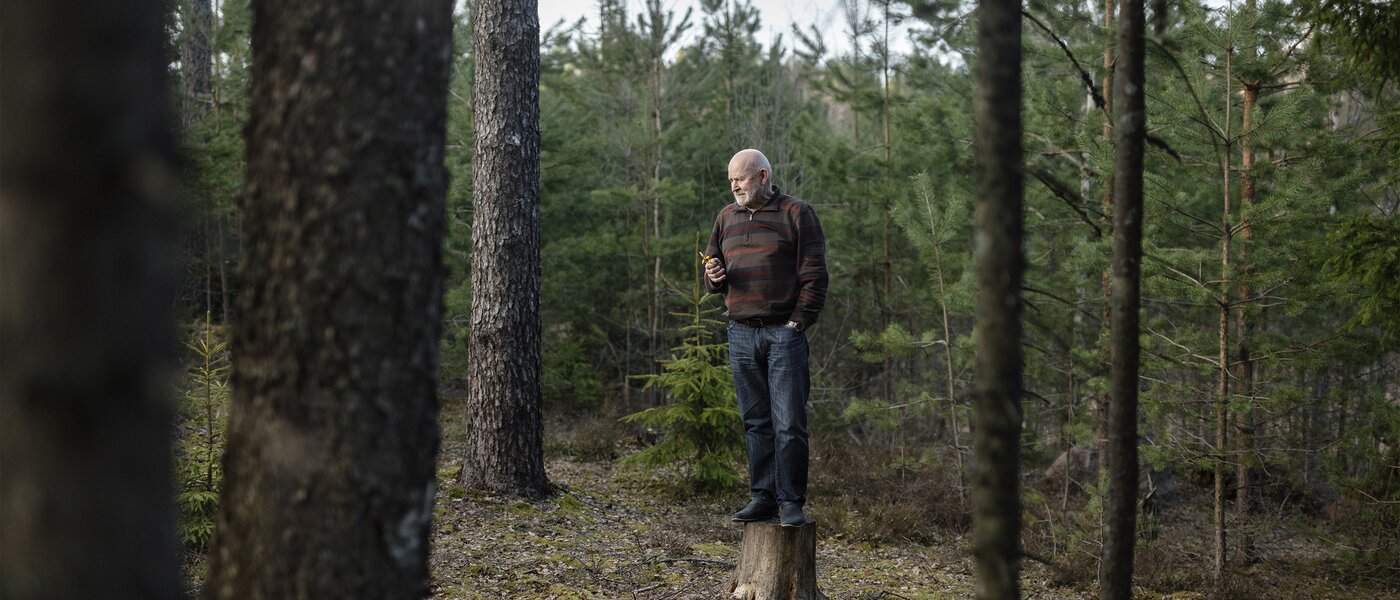 Composer Peteris Vasks stands on a tree stump in the woods in Latvia. Photo by Reinis Hofmanis.