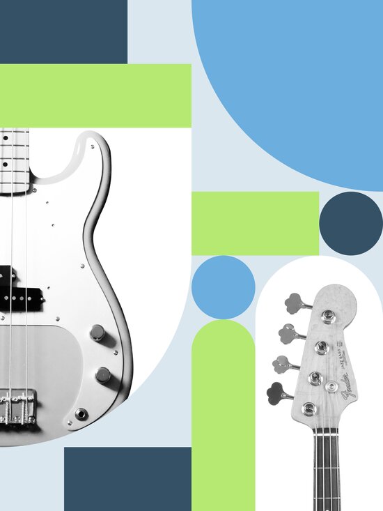 Electric basses and colorful shapes