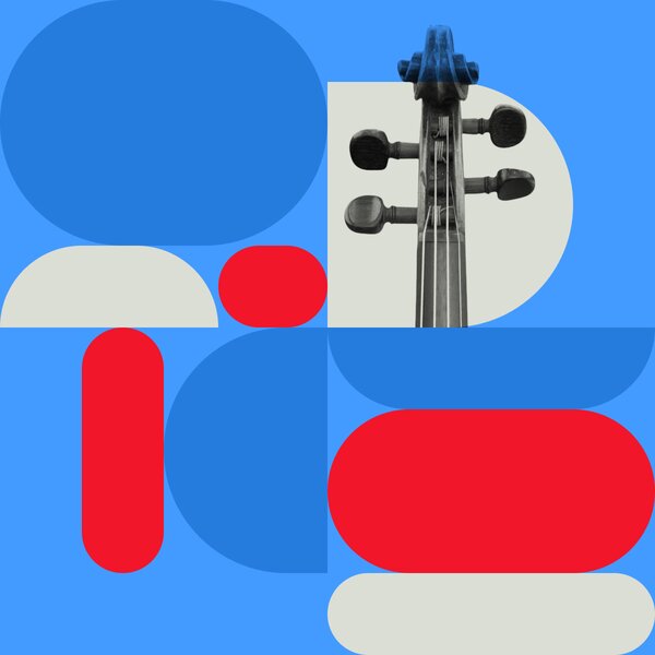 A stringed instrument scroll among colorful shapes