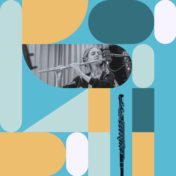 Claire Wickes plays a flute among colorful shapes