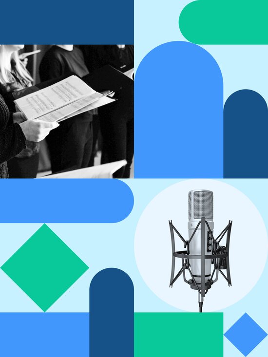A microphone and sheet music among colorful shapes