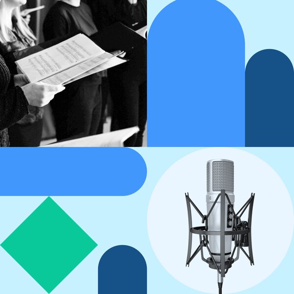 A microphone and sheet music among colorful shapes