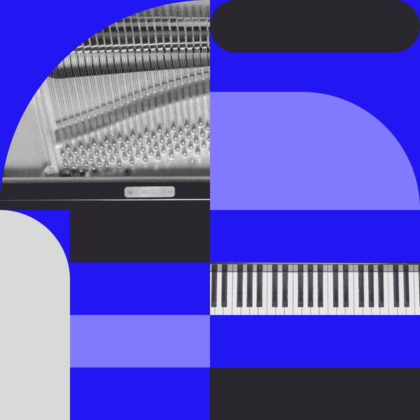 A grand piano among blue and black shapes