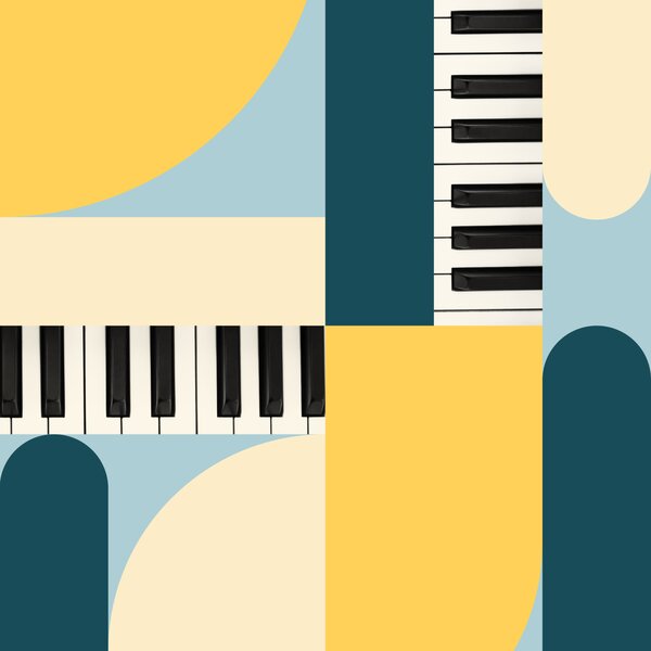 Electric piano keyboards among colorful shapes