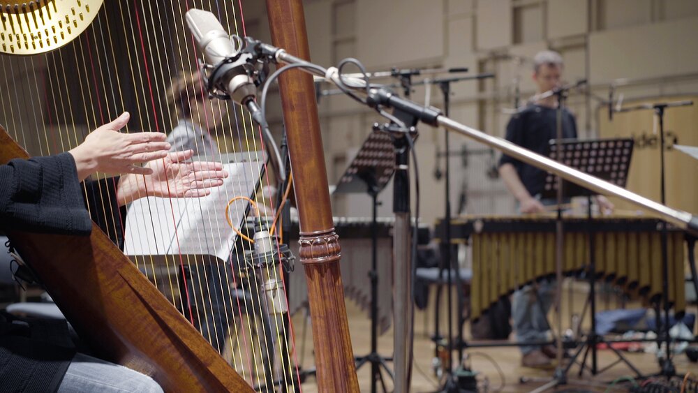 Close-up of a harp being recorded